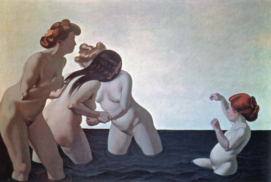 three women and a young girl playing in the water